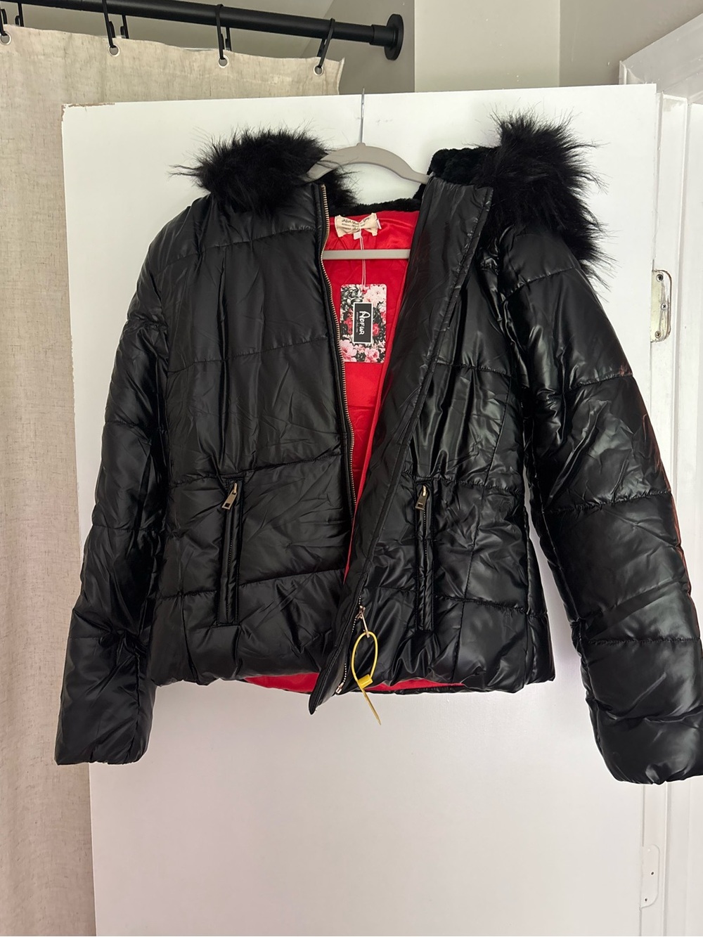 Black Quilted Puffer Jacket with Faux Fur Velvet Hood - Red Lining